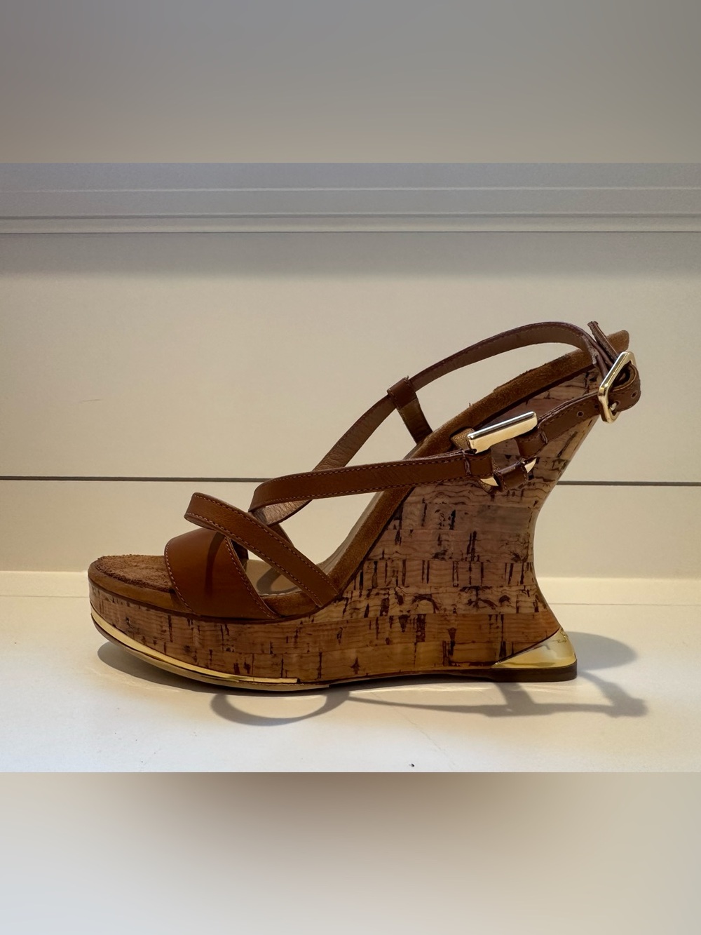 Salvatore Ferragamo Brown Leather Cork Wedge Sandals